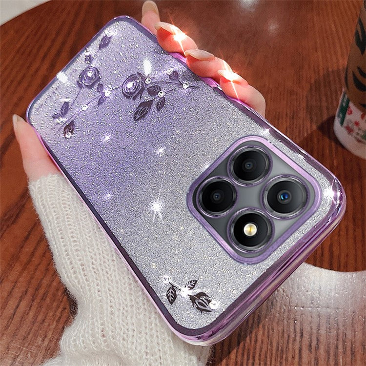 KADEM For Honor X8 5G / X6 4G / 70 Lite 5G Anti-Fingerprint TPU Phone Case Glitter Flower Pattern Gradient Cover with Strap - Purple