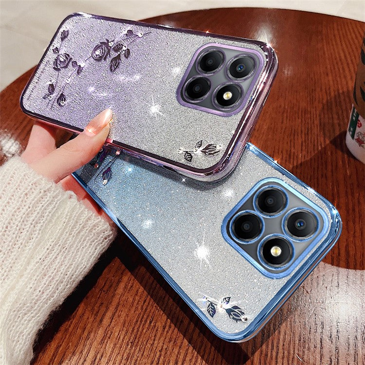 KADEM For Honor X8 5G / X6 4G / 70 Lite 5G Anti-Fingerprint TPU Phone Case Glitter Flower Pattern Gradient Cover with Strap - Purple