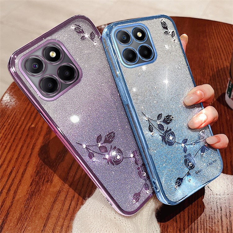 KADEM For Honor X8 5G / X6 4G / 70 Lite 5G Anti-Fingerprint TPU Phone Case Glitter Flower Pattern Gradient Cover with Strap - Purple