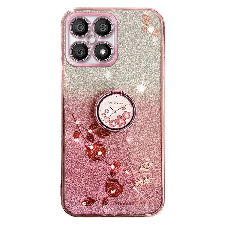 KADEM For Honor X8 4G / X30i Glitter Gradient TPU Phone Case Ring Kickstand Rhinestone Flower Anti-drop Cover - Rose Gold