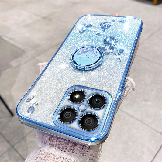 KADEM For Honor X8 4G / X30i Glitter Gradient TPU Phone Case Ring Kickstand Rhinestone Flower Anti-drop Cover - Blue