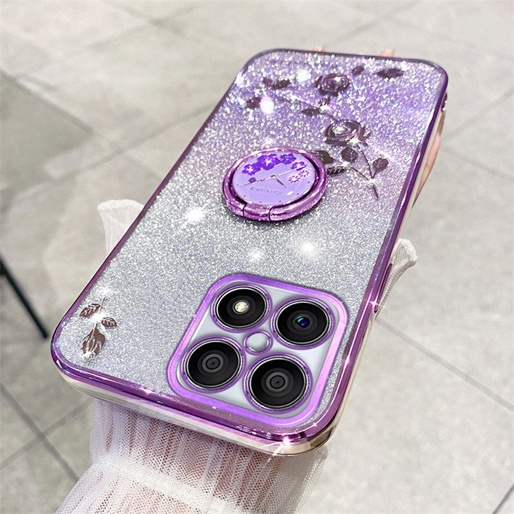 KADEM For Honor X8 4G / X30i Glitter Gradient TPU Phone Case Ring Kickstand Rhinestone Flower Anti-drop Cover - Purple