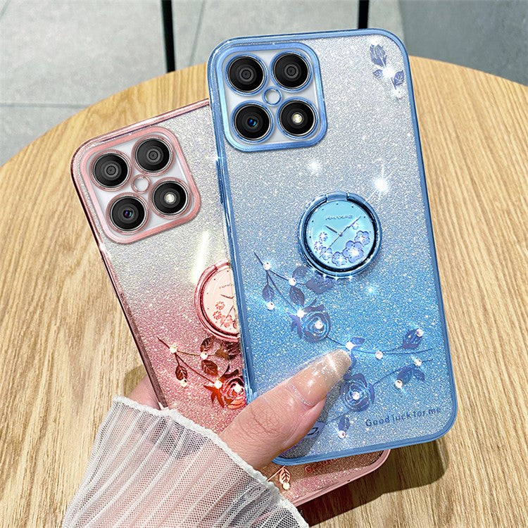 KADEM For Honor X8 4G / X30i Glitter Gradient TPU Phone Case Ring Kickstand Rhinestone Flower Anti-drop Cover - Purple