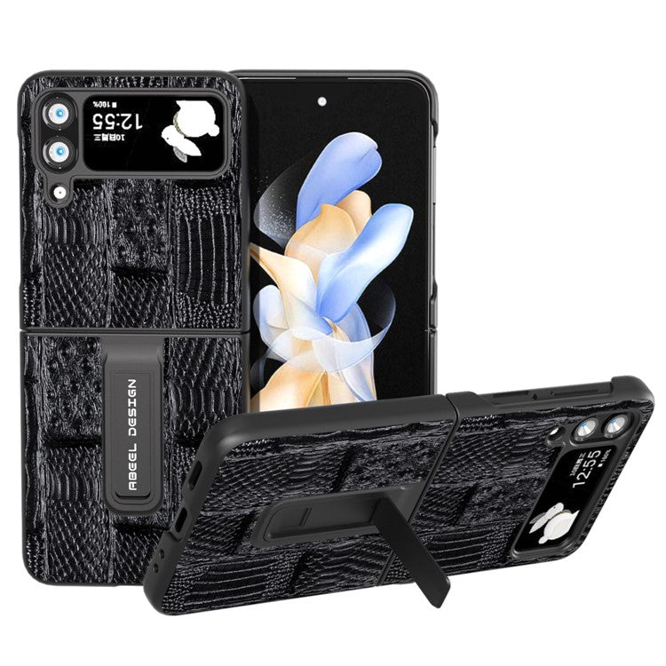 ABEEL For Samsung Galaxy Z Flip4 5G Mahjong Texture Anti-slip Case Genuine Cow Leather+PC Kickstand Phone Cover - Black