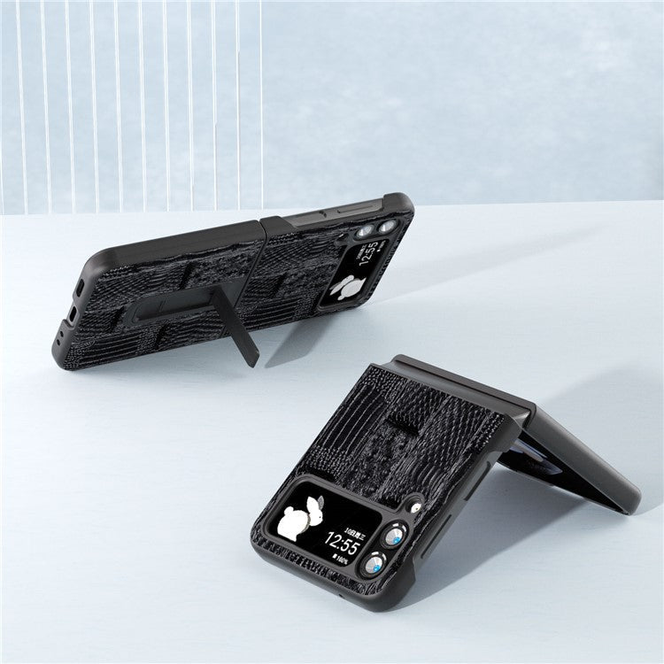ABEEL For Samsung Galaxy Z Flip4 5G Mahjong Texture Anti-slip Case Genuine Cow Leather+PC Kickstand Phone Cover - Black