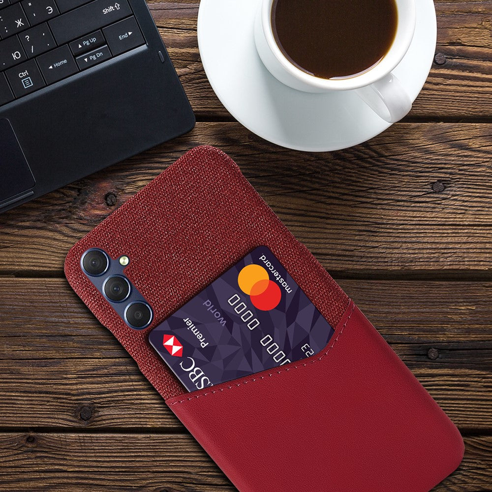For Samsung Galaxy M54 5G / F54 5G Card Holder Leather Coated PC Case Cloth Texture Anti-scratch Phone Cover - Red