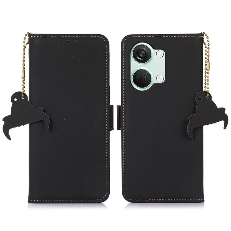 For OnePlus Nord 3 5G / Ace 2V Wallet Phone Case Genuine Cow Leather RFID Blocking Stand Cover - Black