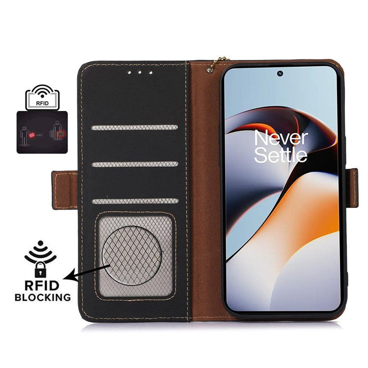 For OnePlus Nord 3 5G / Ace 2V Wallet Phone Case Genuine Cow Leather RFID Blocking Stand Cover - Black