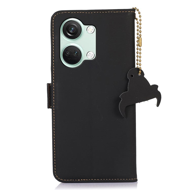 For OnePlus Nord 3 5G / Ace 2V Wallet Phone Case Genuine Cow Leather RFID Blocking Stand Cover - Black