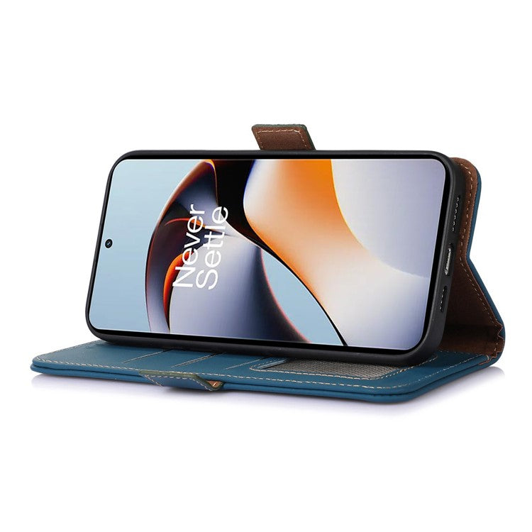 For OnePlus Nord 3 5G / Ace 2V Wallet Phone Case Genuine Cow Leather RFID Blocking Stand Cover - Blue