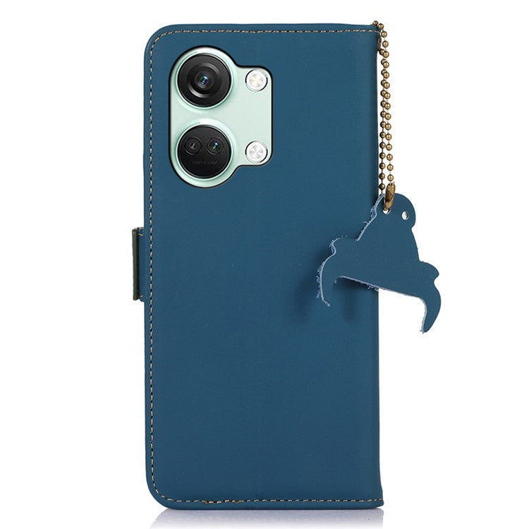 For OnePlus Nord 3 5G / Ace 2V Wallet Phone Case Genuine Cow Leather RFID Blocking Stand Cover - Blue