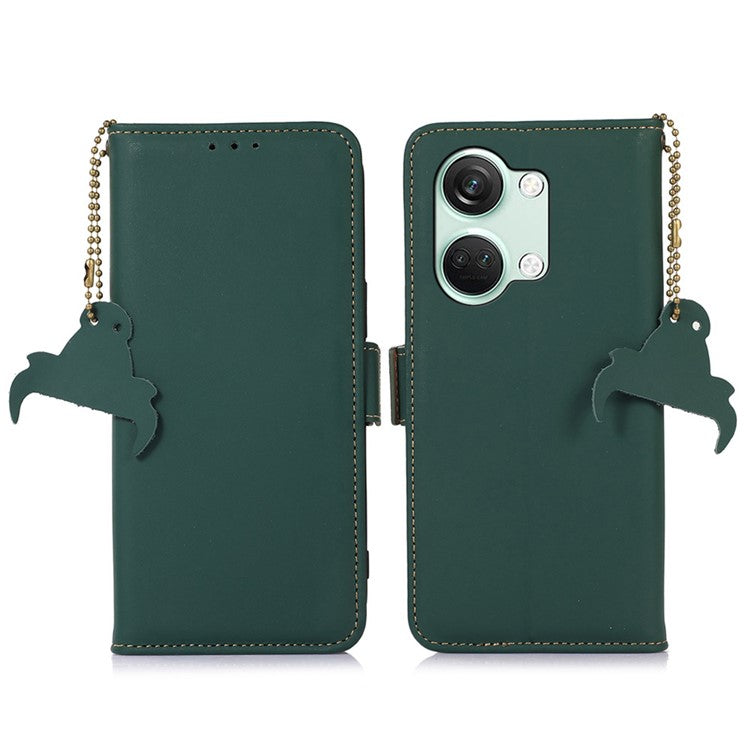For OnePlus Nord 3 5G / Ace 2V Wallet Phone Case Genuine Cow Leather RFID Blocking Stand Cover - Green
