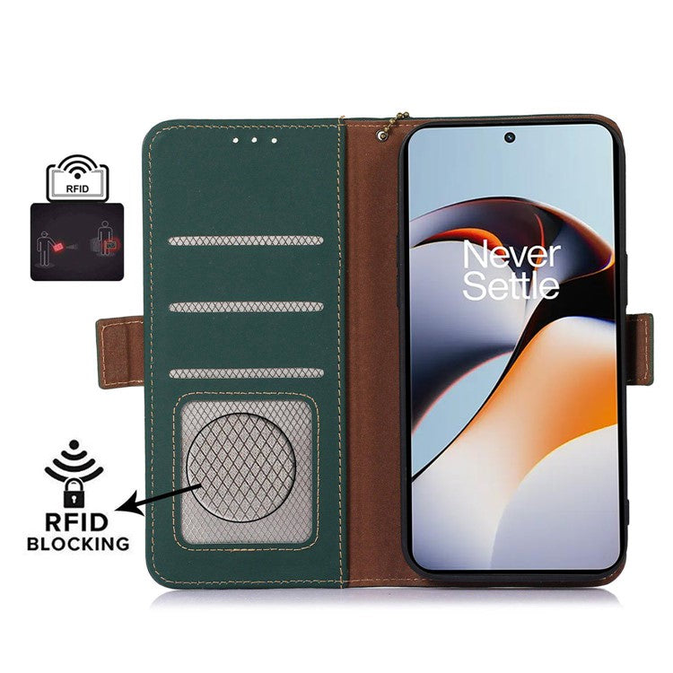 For OnePlus Nord 3 5G / Ace 2V Wallet Phone Case Genuine Cow Leather RFID Blocking Stand Cover - Green