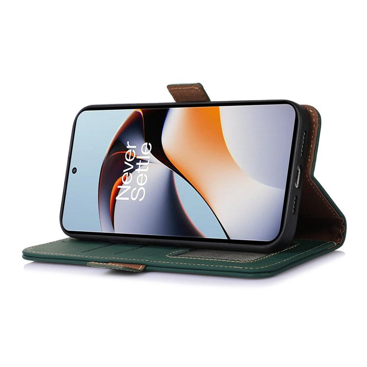 For OnePlus Nord 3 5G / Ace 2V Wallet Phone Case Genuine Cow Leather RFID Blocking Stand Cover - Green