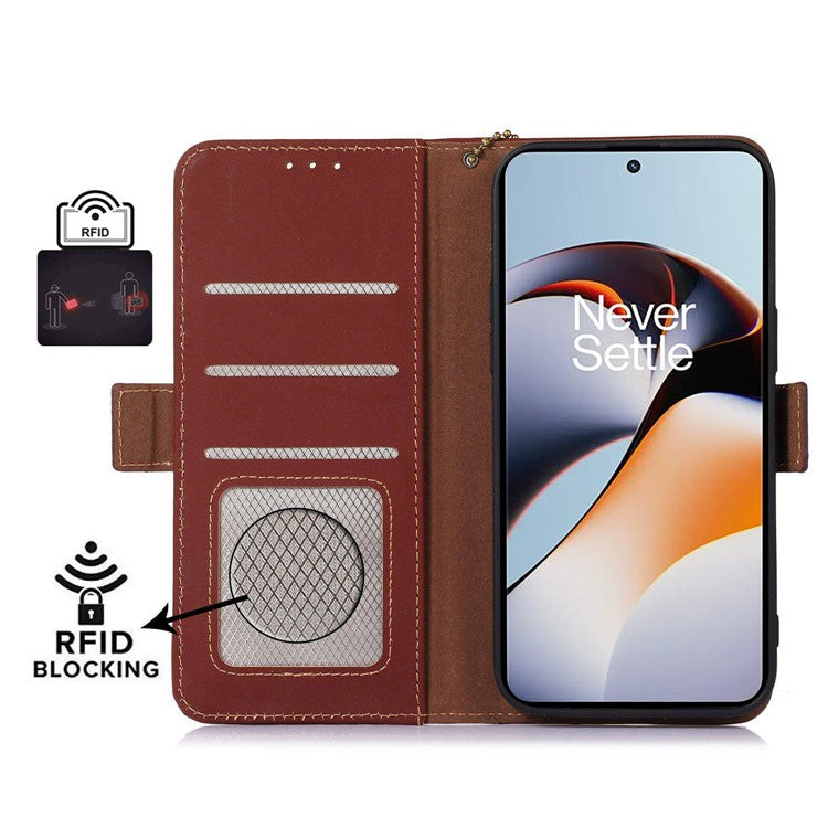For OnePlus Nord 3 5G / Ace 2V Wallet Phone Case Genuine Cow Leather RFID Blocking Stand Cover - Coffee
