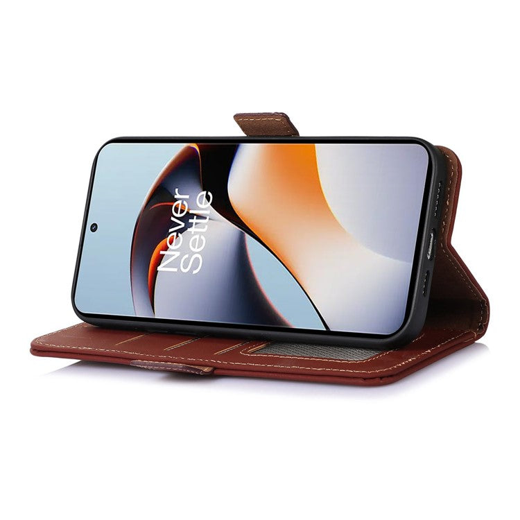 For OnePlus Nord 3 5G / Ace 2V Wallet Phone Case Genuine Cow Leather RFID Blocking Stand Cover - Coffee