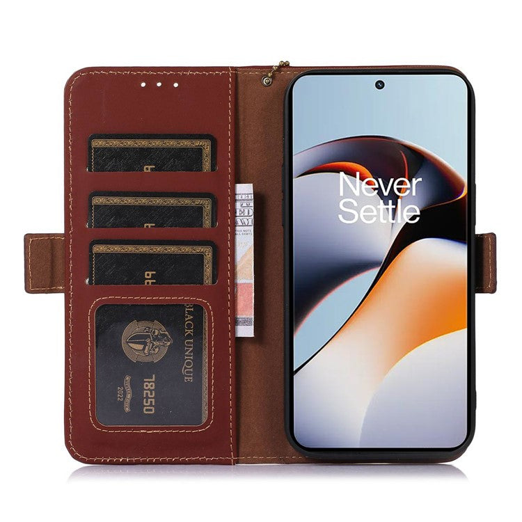 For OnePlus Nord 3 5G / Ace 2V Wallet Phone Case Genuine Cow Leather RFID Blocking Stand Cover - Coffee
