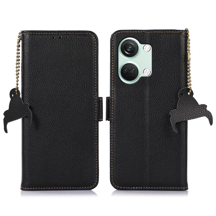 RFID Blocking Phone Case for OnePlus Nord 3 5G / Ace 2V , Genuine Cow Leather Stand Wallet Cover - Black