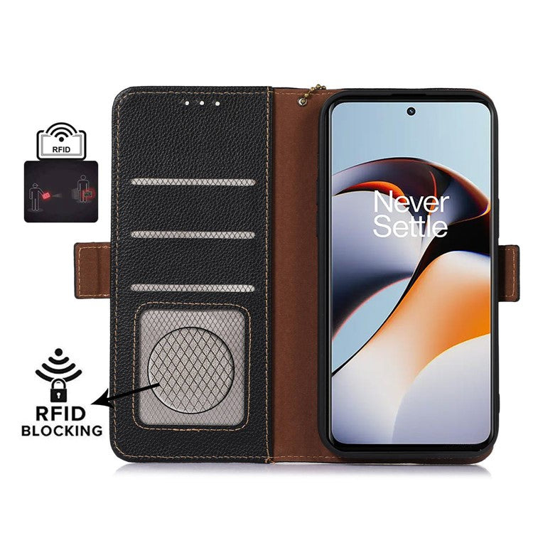 RFID Blocking Phone Case for OnePlus Nord 3 5G / Ace 2V , Genuine Cow Leather Stand Wallet Cover - Black