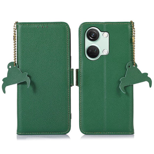 RFID Blocking Phone Case for OnePlus Nord 3 5G / Ace 2V , Genuine Cow Leather Stand Wallet Cover - Green