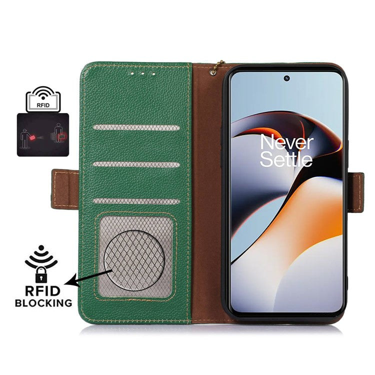 RFID Blocking Phone Case for OnePlus Nord 3 5G / Ace 2V , Genuine Cow Leather Stand Wallet Cover - Green