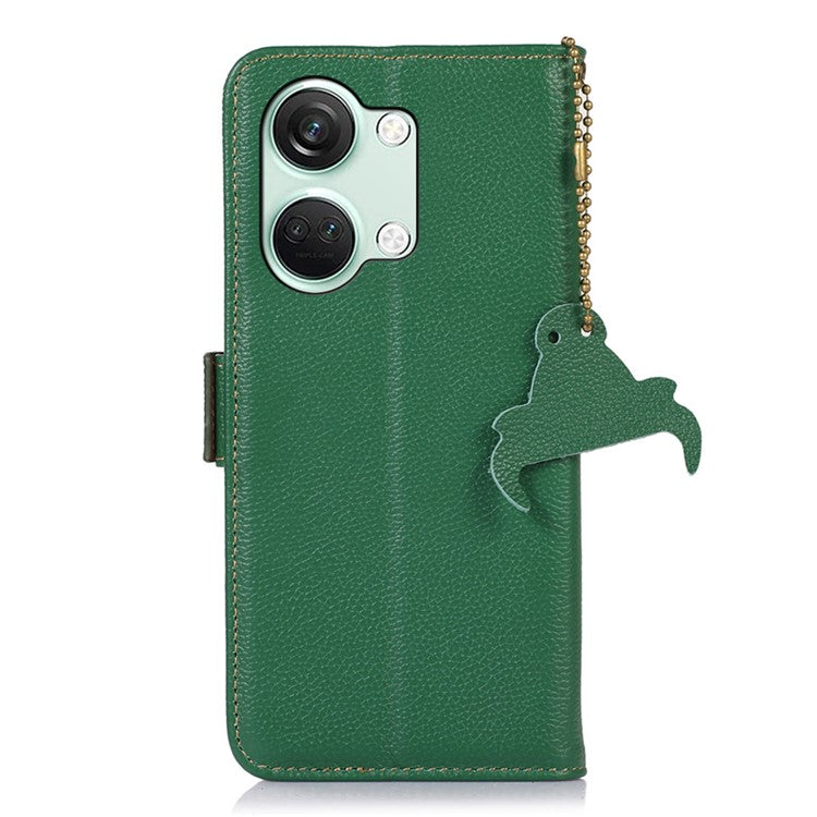 RFID Blocking Phone Case for OnePlus Nord 3 5G / Ace 2V , Genuine Cow Leather Stand Wallet Cover - Green