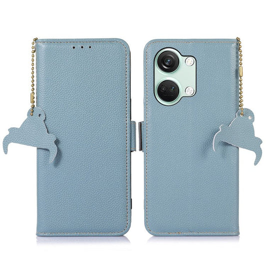 RFID Blocking Phone Case for OnePlus Nord 3 5G / Ace 2V , Genuine Cow Leather Stand Wallet Cover - Blue