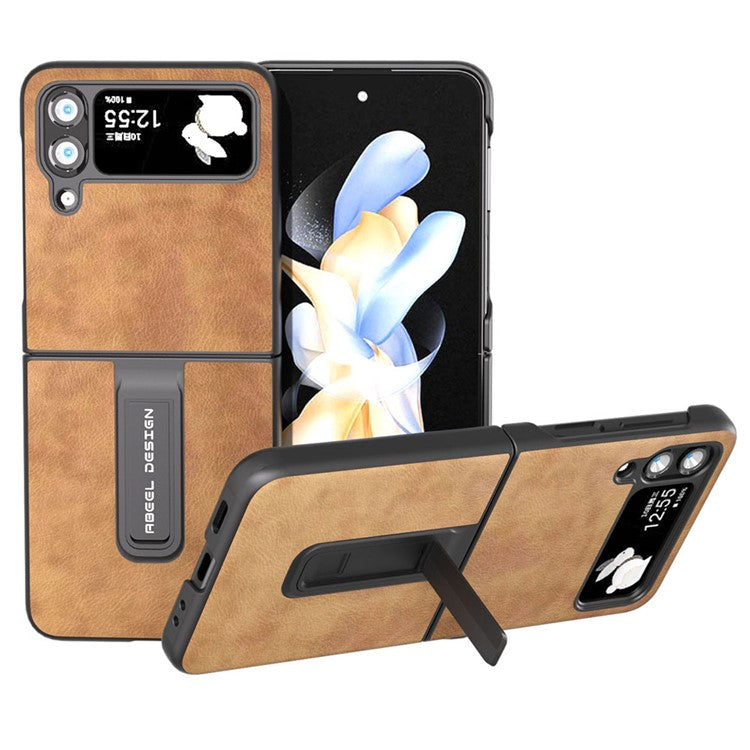 ABEEL For Samsung Galaxy Z Flip4 5G Kickstand Protective Case PU Leather+PC Retro Litchi Texture Phone Cover - Brown