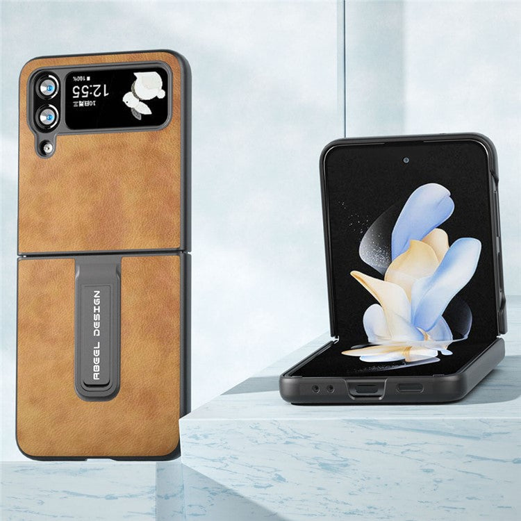 ABEEL For Samsung Galaxy Z Flip4 5G Kickstand Protective Case PU Leather+PC Retro Litchi Texture Phone Cover - Brown