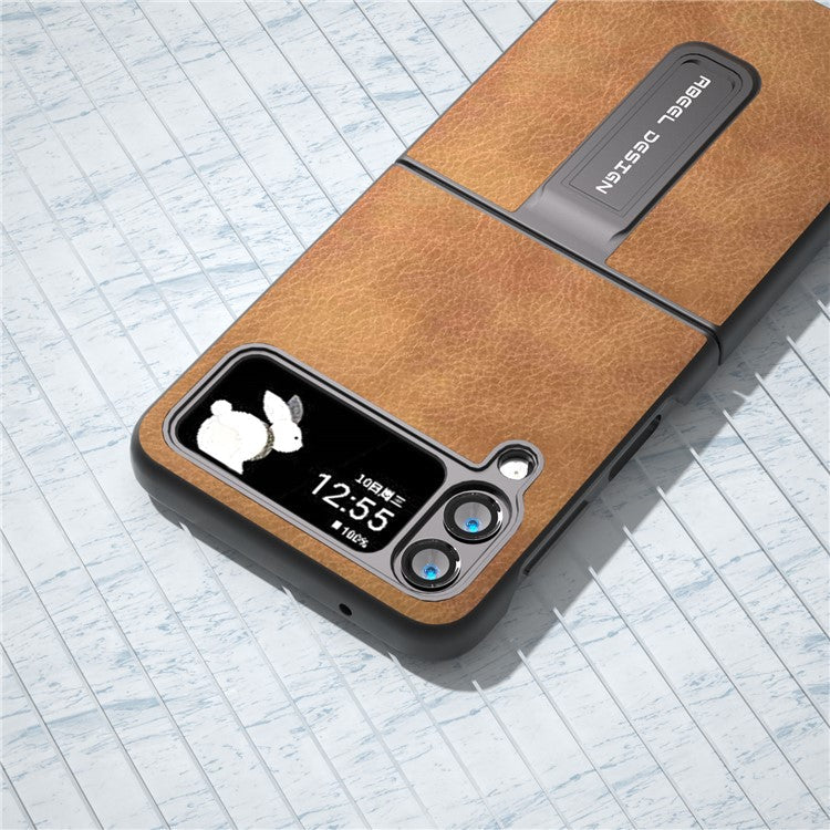 ABEEL For Samsung Galaxy Z Flip4 5G Kickstand Protective Case PU Leather+PC Retro Litchi Texture Phone Cover - Brown