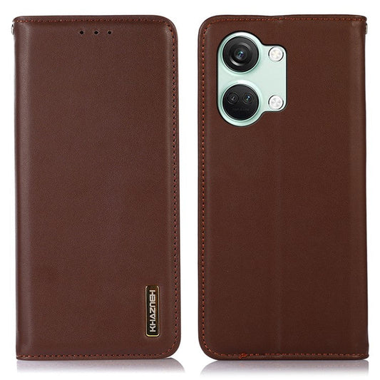 KHAZNEH For OnePlus Nord 3 5G / Ace 2V RFID Blocking Genuine Cow Leather Wallet Case Phone Stand Cover - Brown
