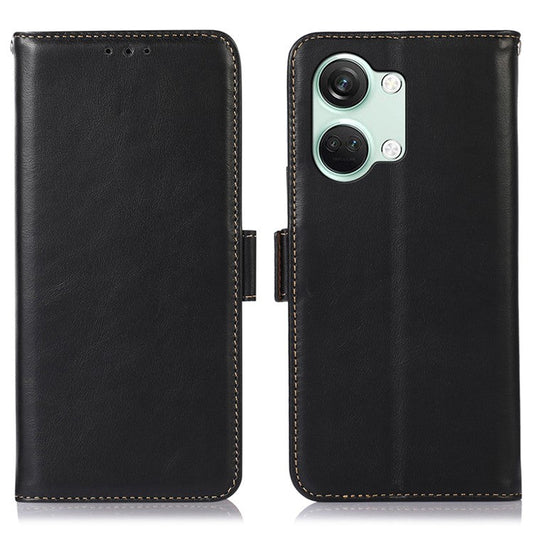 Phone Case for OnePlus Nord 3 5G / Ace 2V RFID Blocking Crazy Horse Texture Genuine Cow Leather Wallet Stand Cover - Black