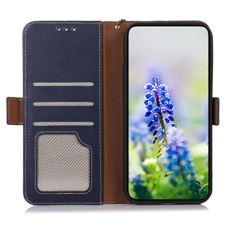 Phone Case for OnePlus Nord 3 5G / Ace 2V RFID Blocking Crazy Horse Texture Genuine Cow Leather Wallet Stand Cover - Blue