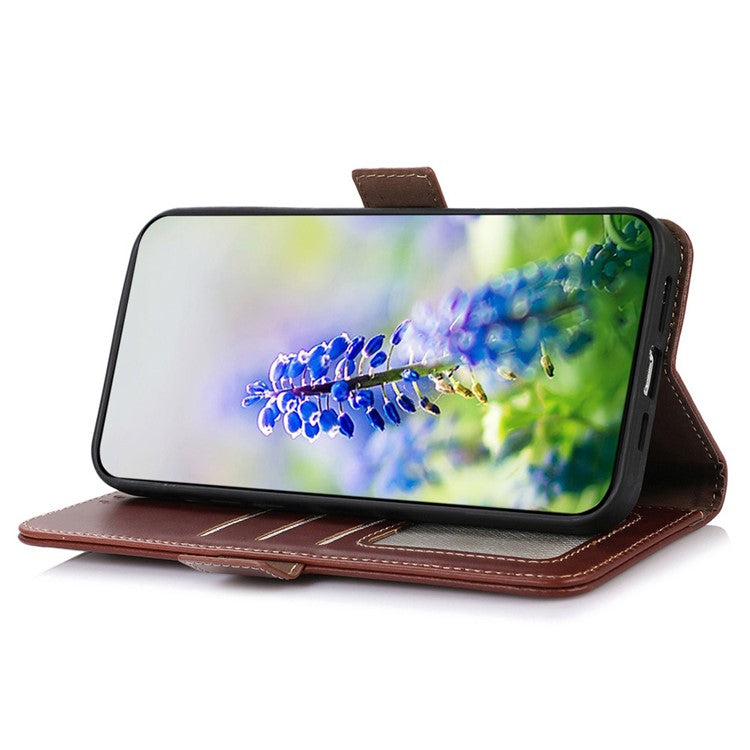 Phone Case for OnePlus Nord 3 5G / Ace 2V RFID Blocking Crazy Horse Texture Genuine Cow Leather Wallet Stand Cover - Brown