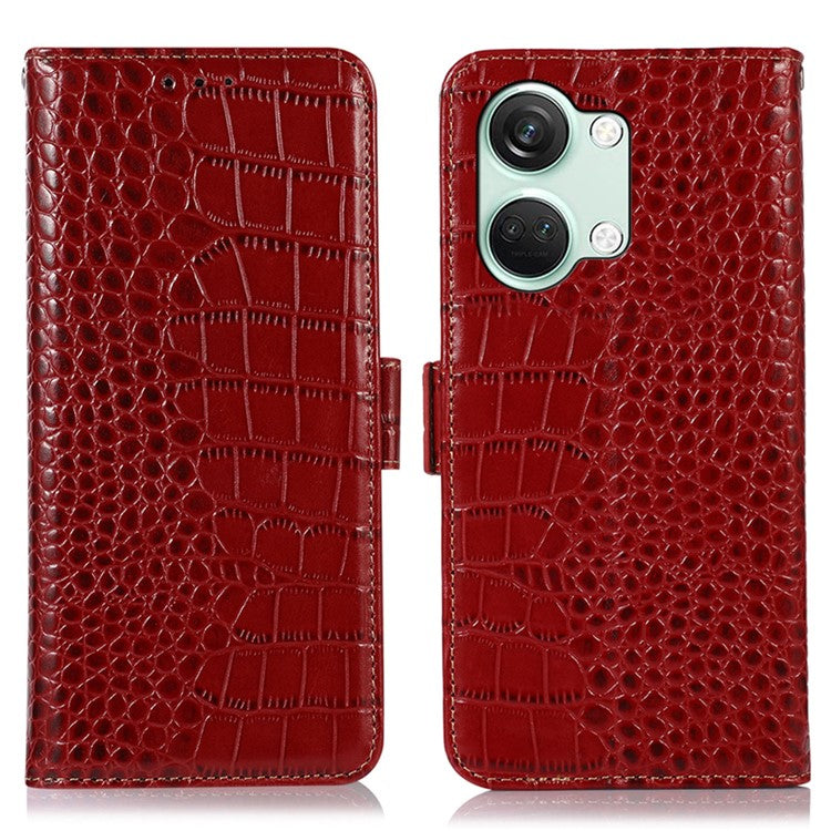For OnePlus Nord 3 5G / Ace 2V Wallet Phone Case Genuine Cow Leather Crocodile Texture RFID Blocking Stand Cover - Red