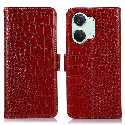 For OnePlus Nord 3 5G / Ace 2V Wallet Phone Case Genuine Cow Leather Crocodile Texture RFID Blocking Stand Cover - Red