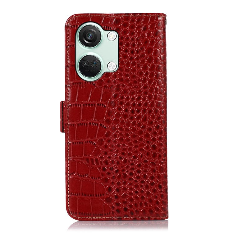 For OnePlus Nord 3 5G / Ace 2V Wallet Phone Case Genuine Cow Leather Crocodile Texture RFID Blocking Stand Cover - Red