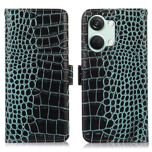 For OnePlus Nord 3 5G / Ace 2V Wallet Phone Case Genuine Cow Leather Crocodile Texture RFID Blocking Stand Cover - Green