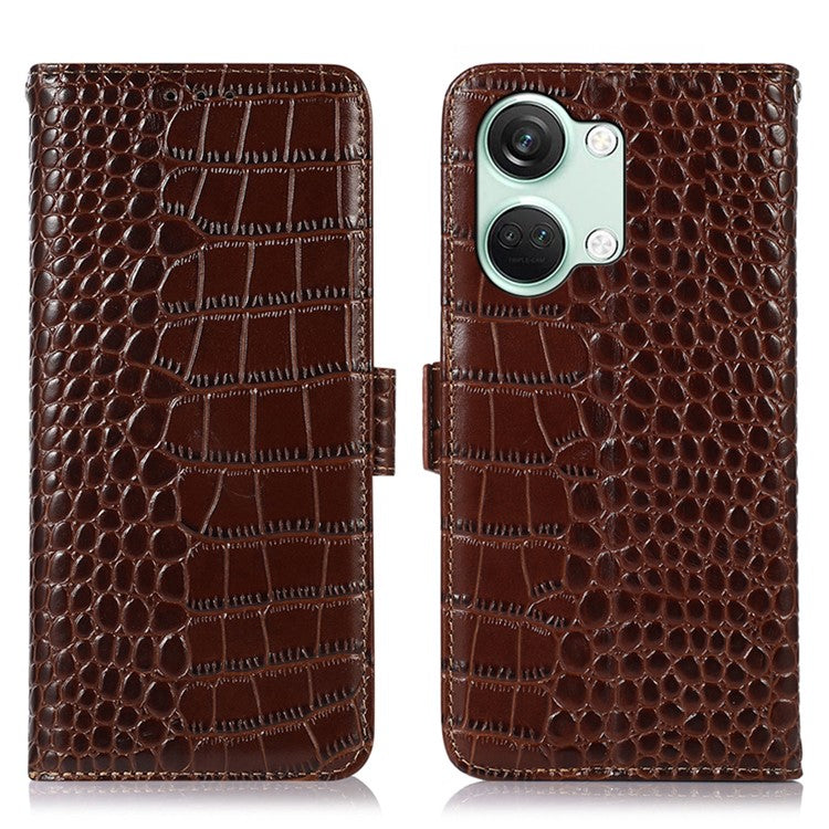 For OnePlus Nord 3 5G / Ace 2V Wallet Phone Case Genuine Cow Leather Crocodile Texture RFID Blocking Stand Cover - Brown