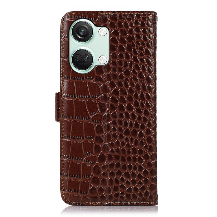 For OnePlus Nord 3 5G / Ace 2V Wallet Phone Case Genuine Cow Leather Crocodile Texture RFID Blocking Stand Cover - Brown
