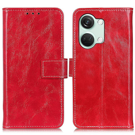 For OnePlus Nord 3 5G / Ace 2V Magnetic Clasp Leather Wallet Case Retro Crazy Horse Texture Stand Cover - Red
