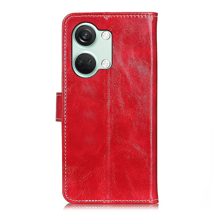 For OnePlus Nord 3 5G / Ace 2V Magnetic Clasp Leather Wallet Case Retro Crazy Horse Texture Stand Cover - Red