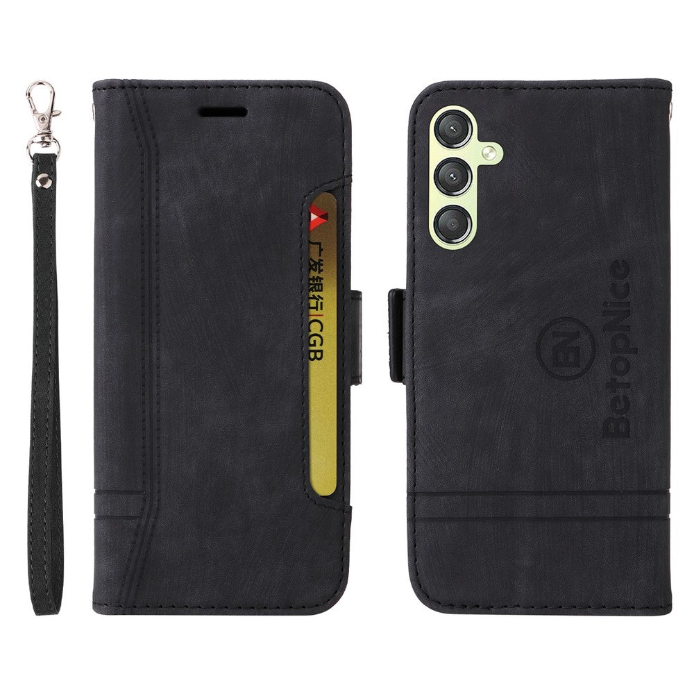 BETOPNICE 001 For Samsung Galaxy M14 / F14 5G Imprinted Line Wallet Stand Cover PU Leather Phone Case - Black