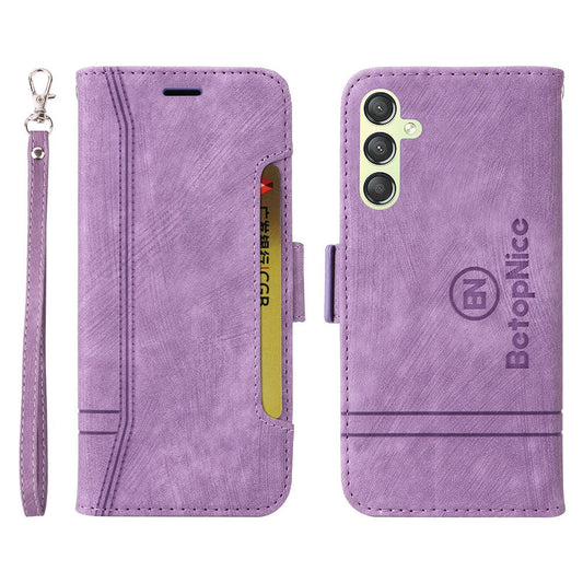 BETOPNICE 001 For Samsung Galaxy M14 / F14 5G Imprinted Line Wallet Stand Cover PU Leather Phone Case - Purple