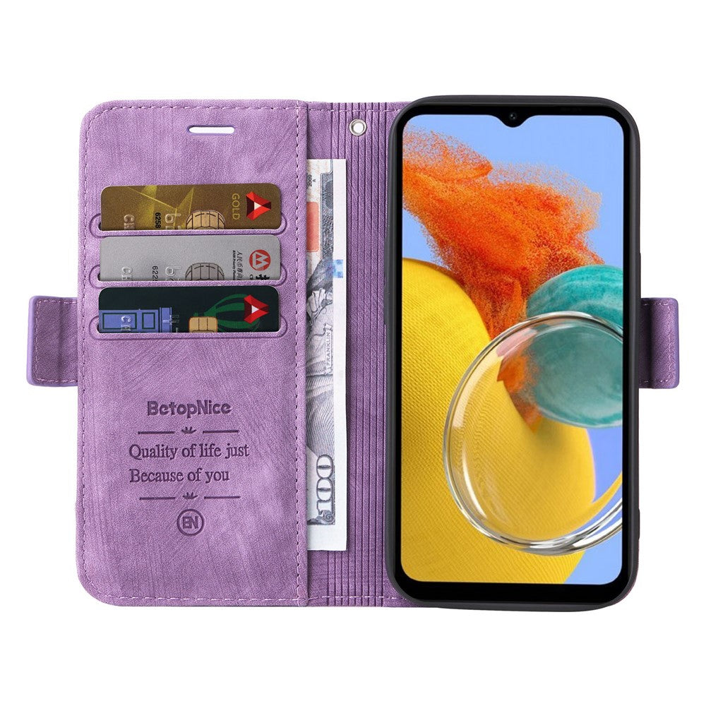 BETOPNICE 001 For Samsung Galaxy M14 / F14 5G Imprinted Line Wallet Stand Cover PU Leather Phone Case - Purple