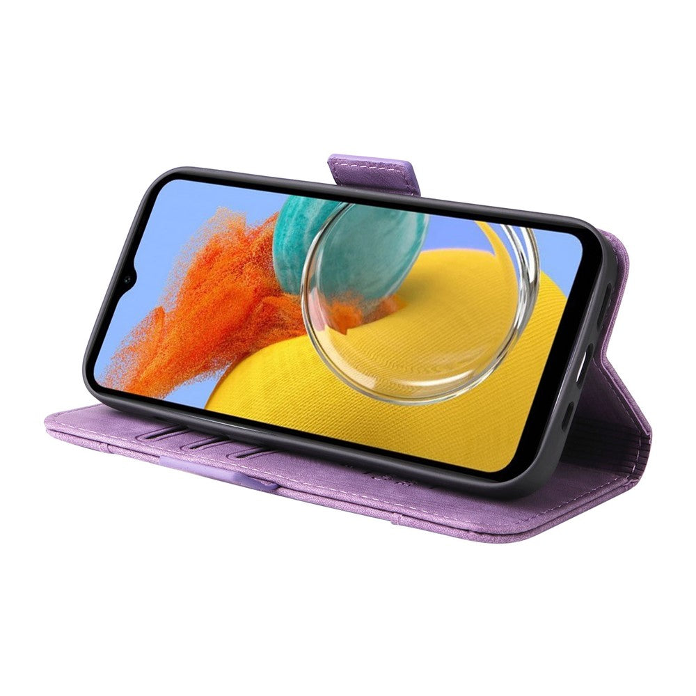 BETOPNICE 001 For Samsung Galaxy M14 / F14 5G Imprinted Line Wallet Stand Cover PU Leather Phone Case - Purple