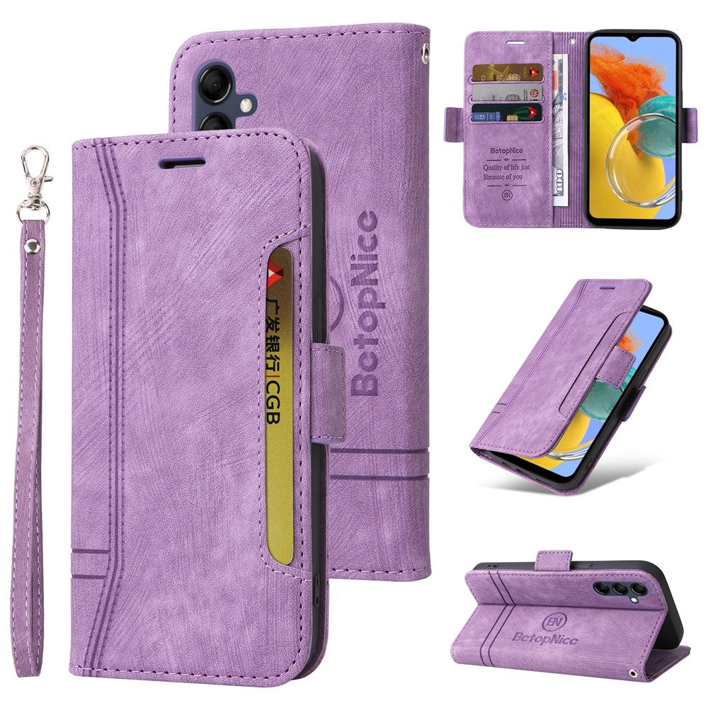 BETOPNICE 001 For Samsung Galaxy M14 / F14 5G Imprinted Line Wallet Stand Cover PU Leather Phone Case - Purple