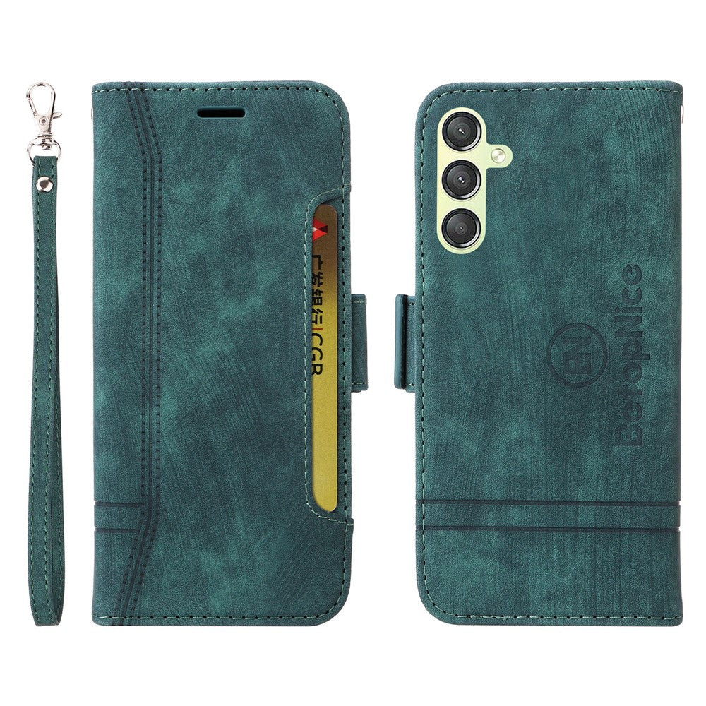 BETOPNICE 001 For Samsung Galaxy M14 / F14 5G Imprinted Line Wallet Stand Cover PU Leather Phone Case - Green