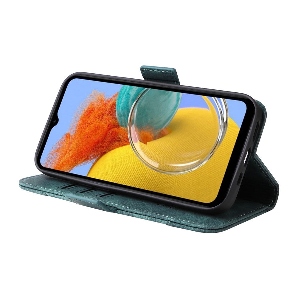 BETOPNICE 001 For Samsung Galaxy M14 / F14 5G Imprinted Line Wallet Stand Cover PU Leather Phone Case - Green