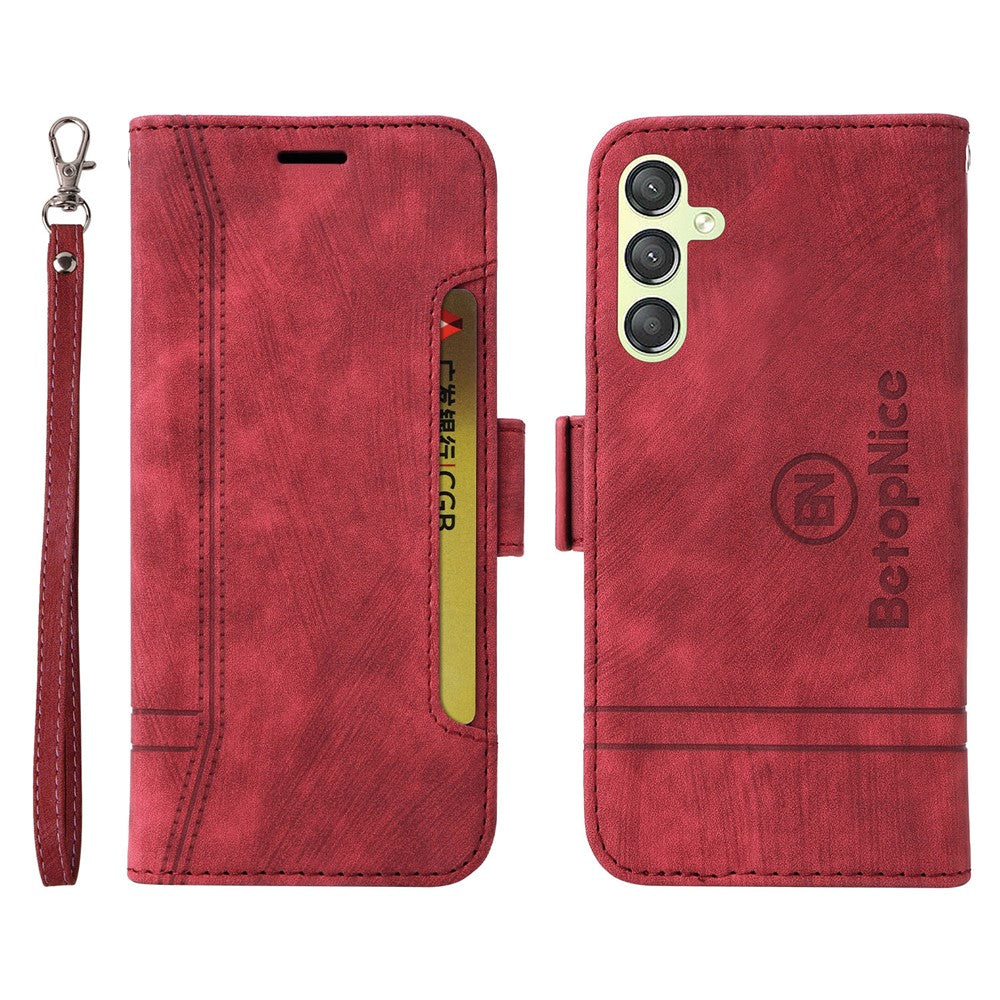 BETOPNICE 001 For Samsung Galaxy M14 / F14 5G Imprinted Line Wallet Stand Cover PU Leather Phone Case - Red